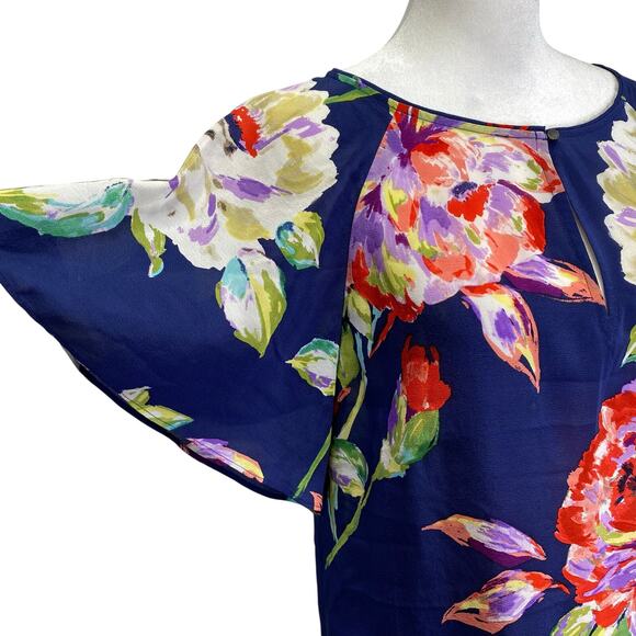 MAEVE Anthropologie Gardenia 100% Silk Blue Floral Flutter Sleeve Blouse Sz 2 - Picture 6 of 11